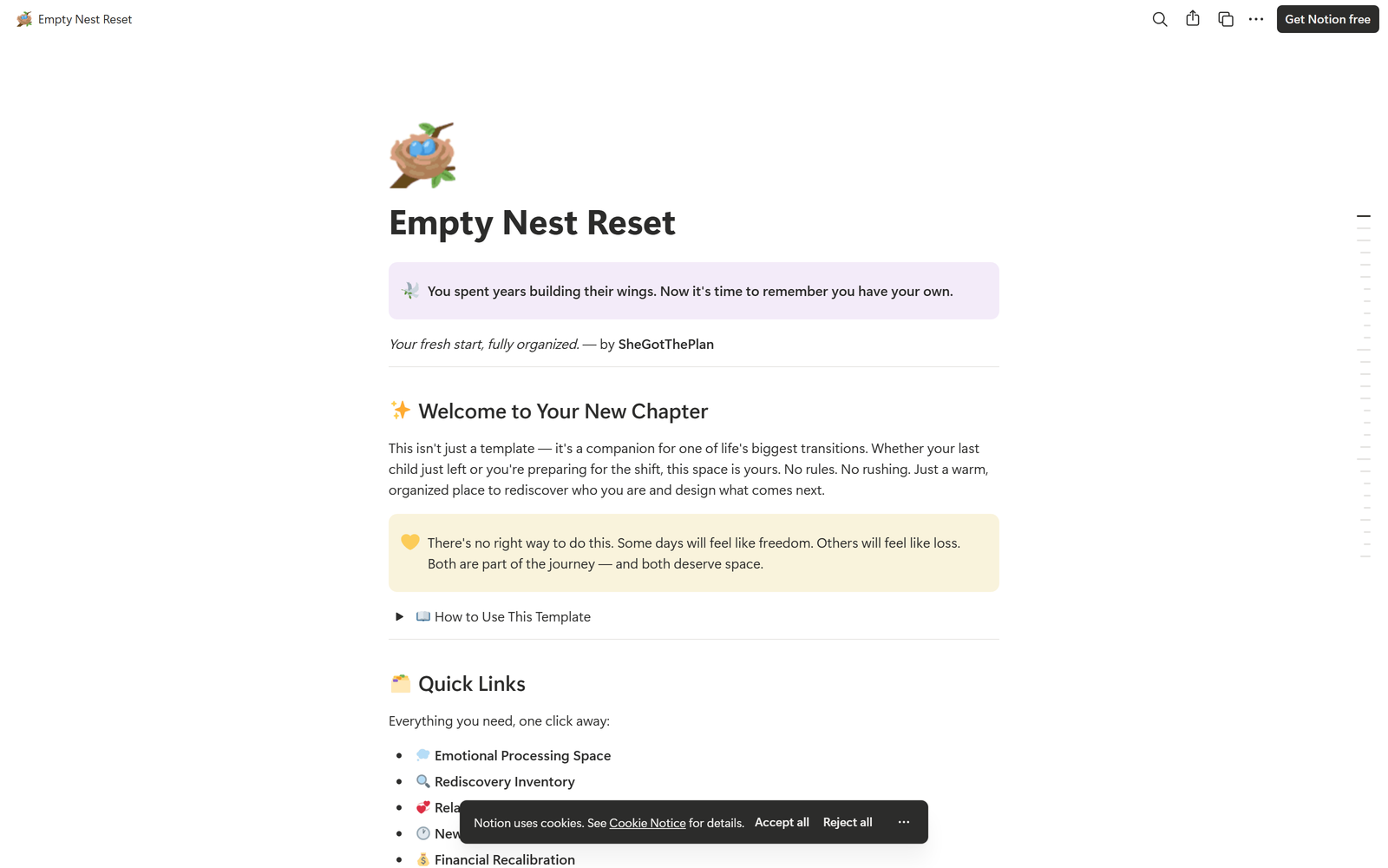 Empty Nest Reset, Notion template preview