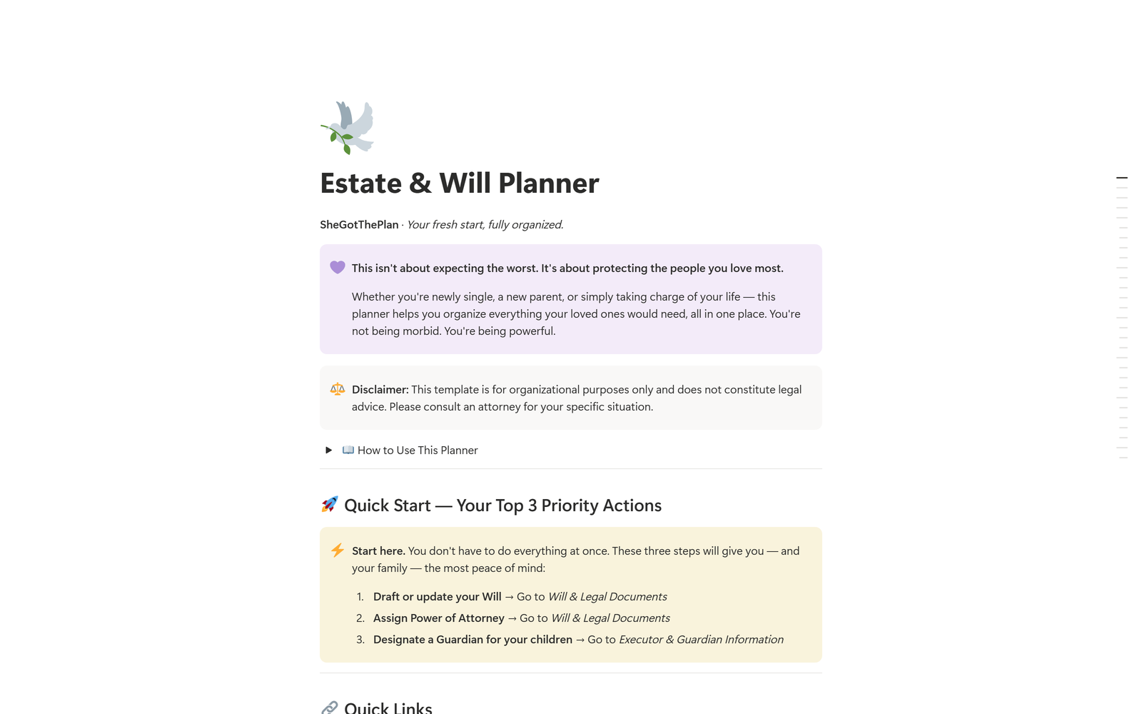 Estate & Will Planner, Notion template preview