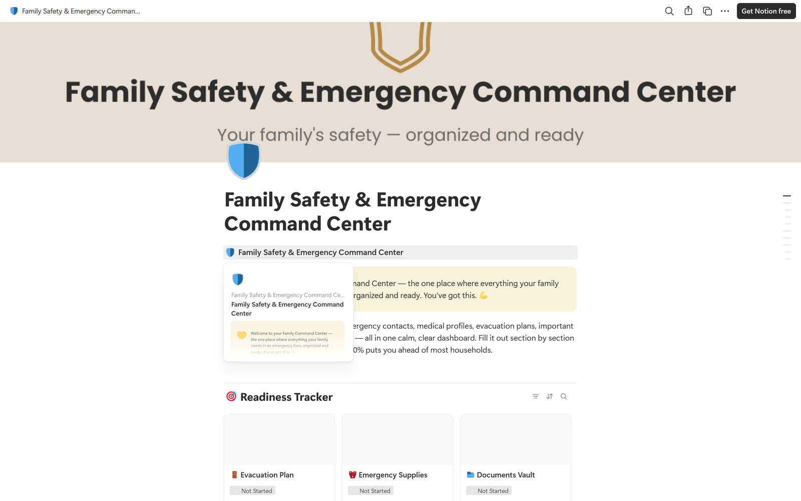 Family Safety & Emergency Command Center, Notion template preview
