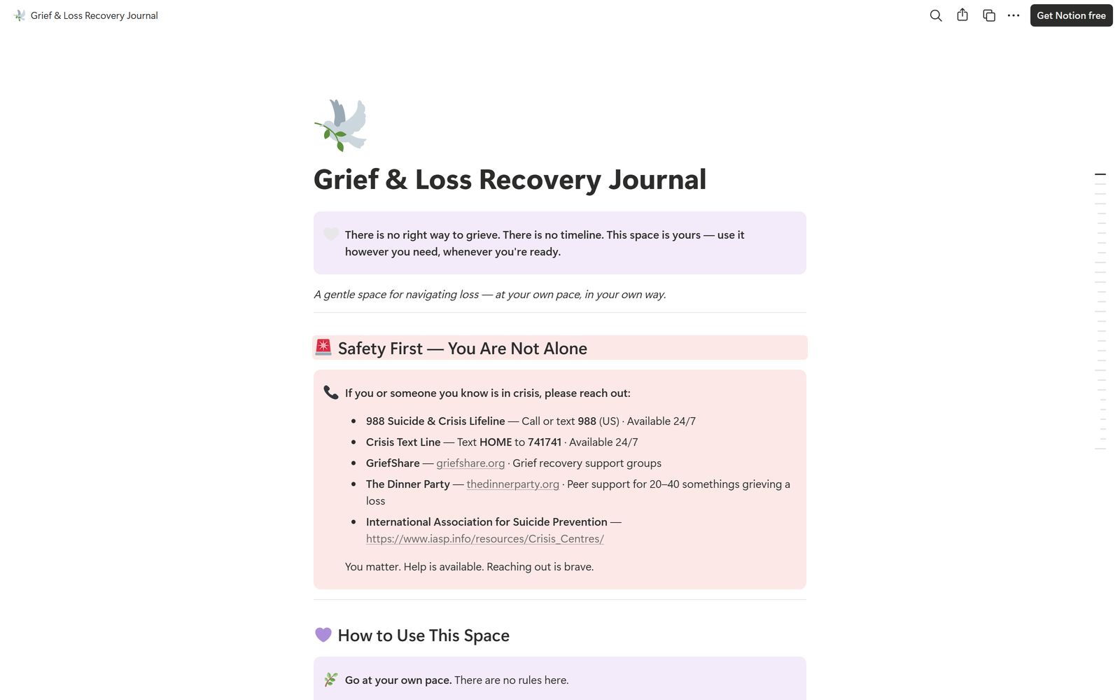 Grief & Loss Recovery Journal, Notion template preview