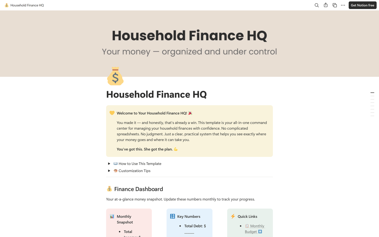Household Finance HQ, Notion template preview
