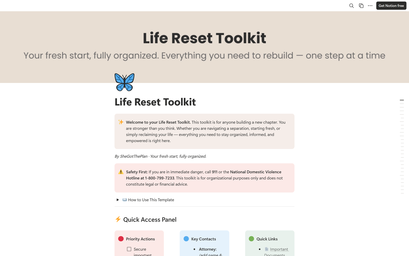 Life Reset Toolkit, Notion template preview