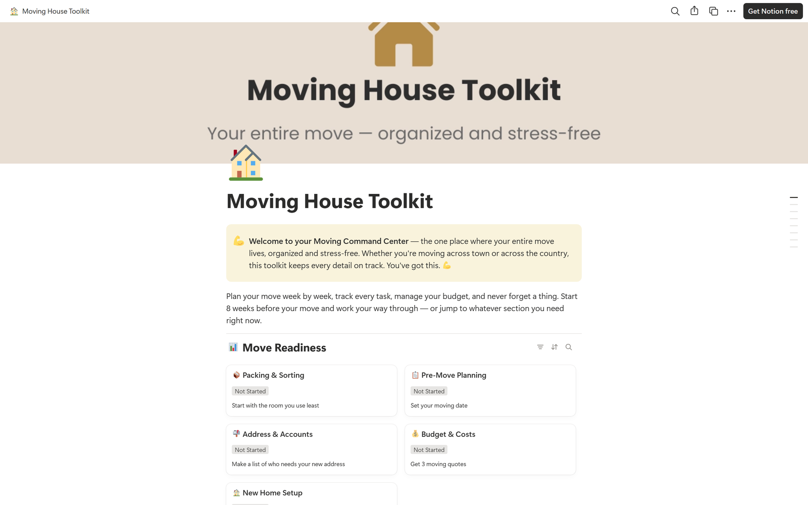 Moving House Toolkit, Notion template preview