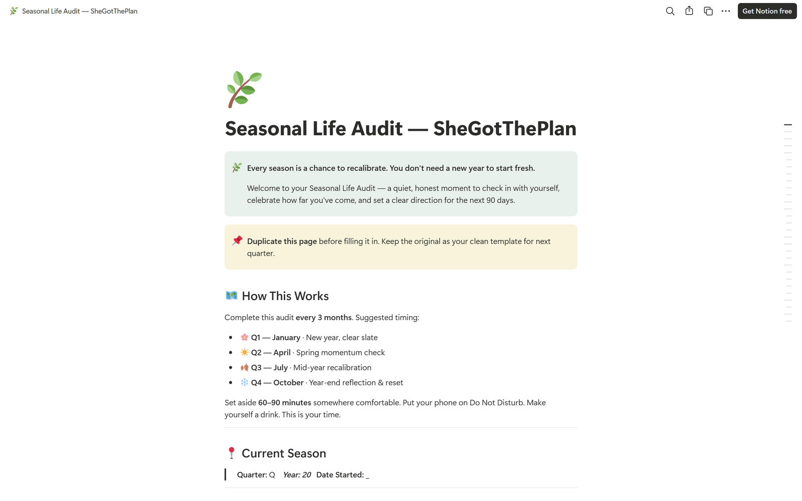 Seasonal Life Audit, Notion template preview