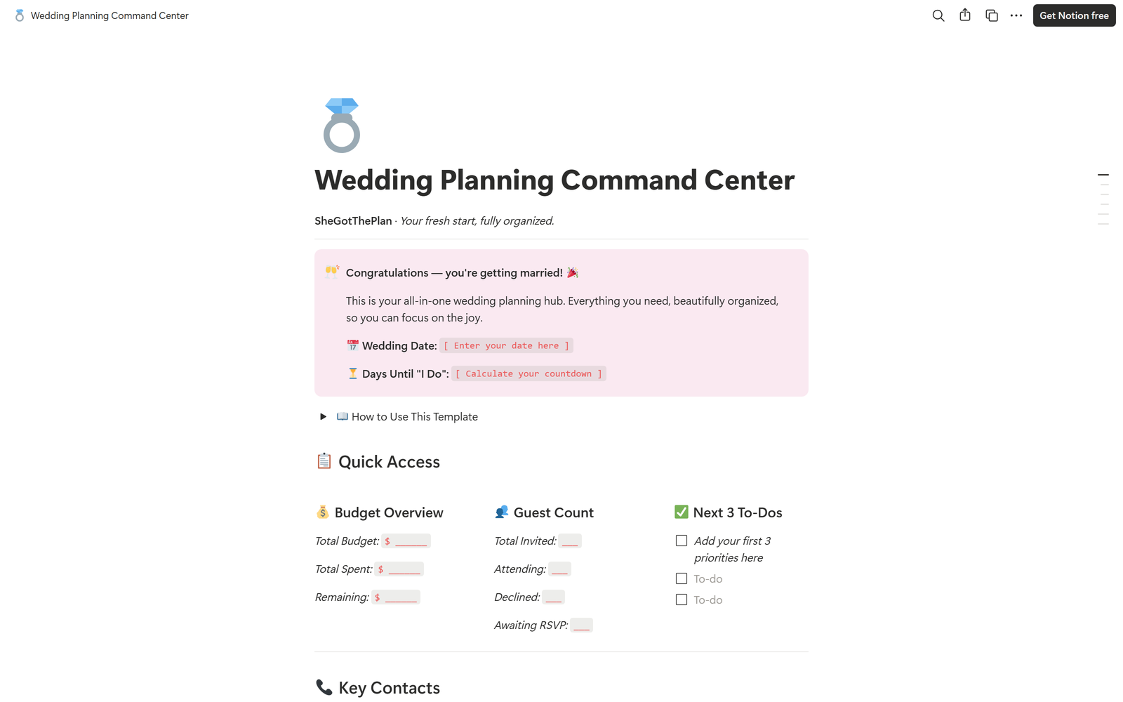 Wedding Planning Command Center, Notion template preview